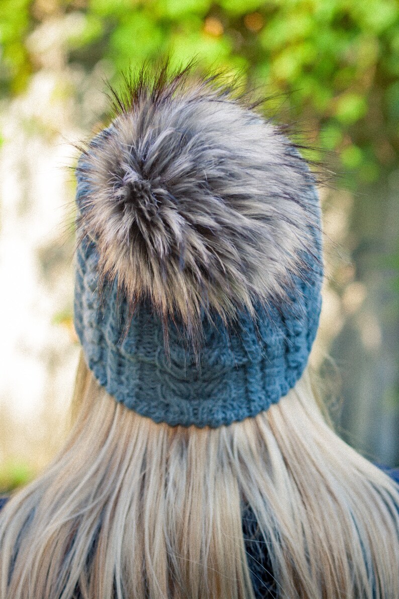 Pom pom hat, Cable knit pompom hat, Braided faux fur pom beanie, Chunky women's bobble hat, Slouchy alpaca wool hat, Hand knitted winter cap image 4