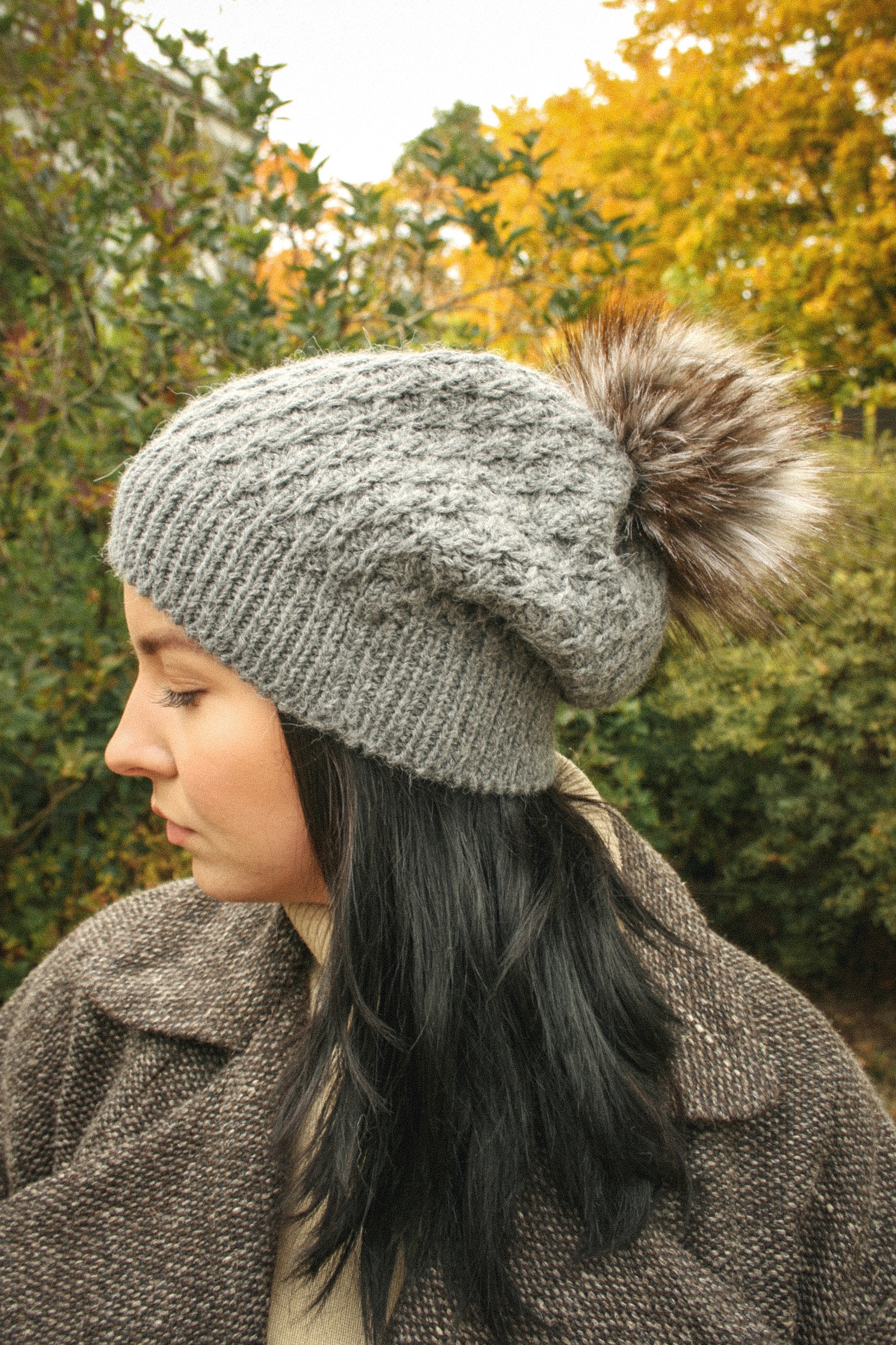 Pom Pom Hat, Gray Chunky Knit Women
