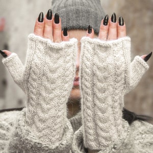 Gray hand knit woman fingerless wool gloves, Chunky alpaca winter hand warmers, Soft cable knitted gloves, Warm grey handmade fall gloves image 3