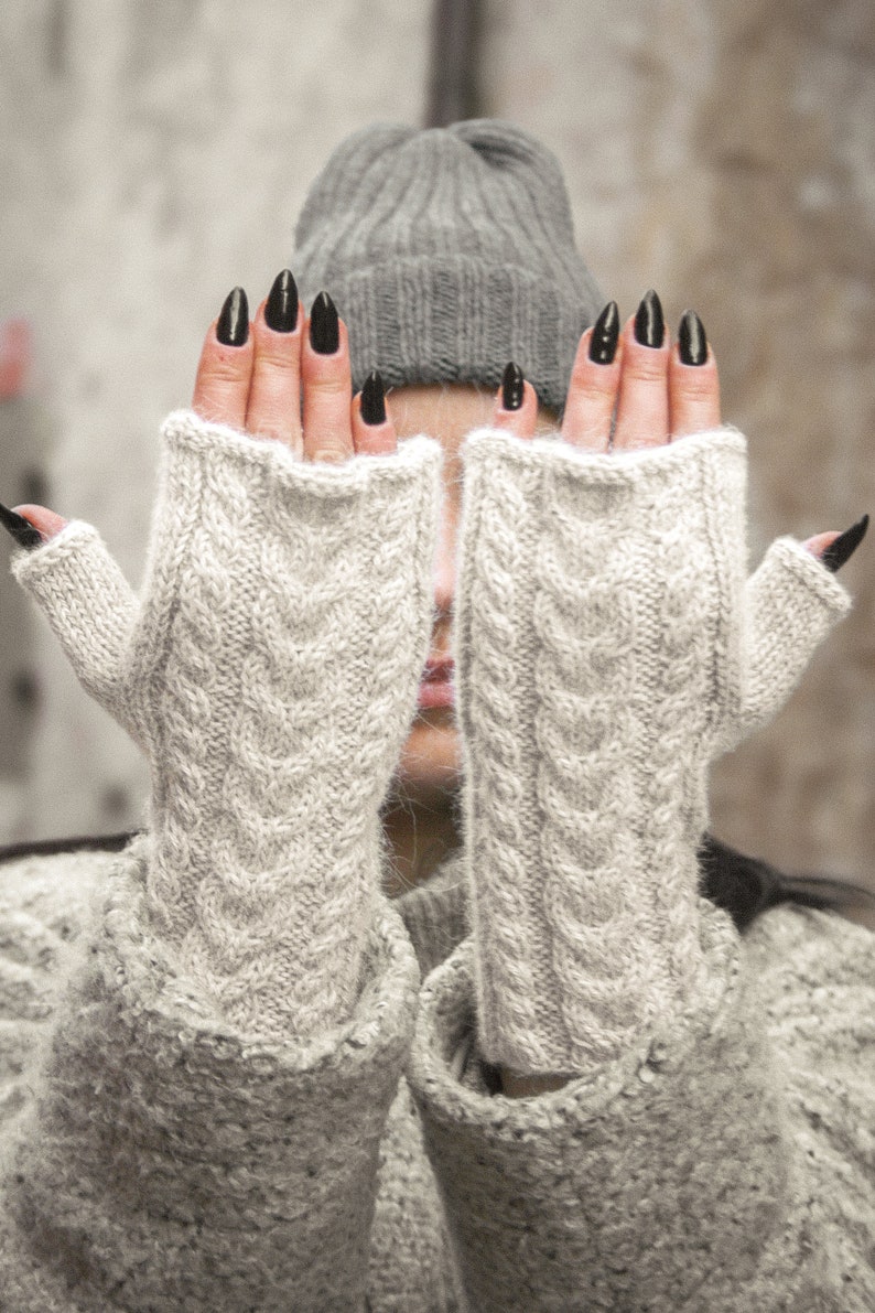 Gray hand knit woman fingerless wool gloves, Chunky alpaca winter hand warmers, Soft cable knitted gloves, Warm grey handmade fall gloves image 3