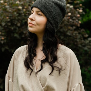 Dark grey alpaca wool beanie. Slouchy oversized beanie for women. Chunky knit hat. Cuffed men's summer, winter cap. Hand knitted beanie image 2