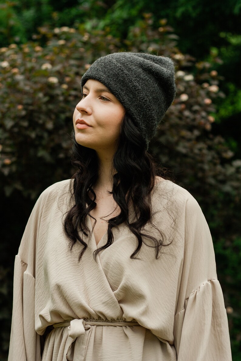 Dark grey alpaca wool beanie. Slouchy oversized beanie for women. Chunky knit hat. Cuffed men's summer, winter cap. Hand knitted beanie image 2