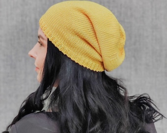 Gorro holgado, Gorro de verano para mujer, Gorro ligero de primavera, Gorro holgado de algodón, Gorro de hombre, Gorro fino tejido a mano, Gorro de punto amarillo