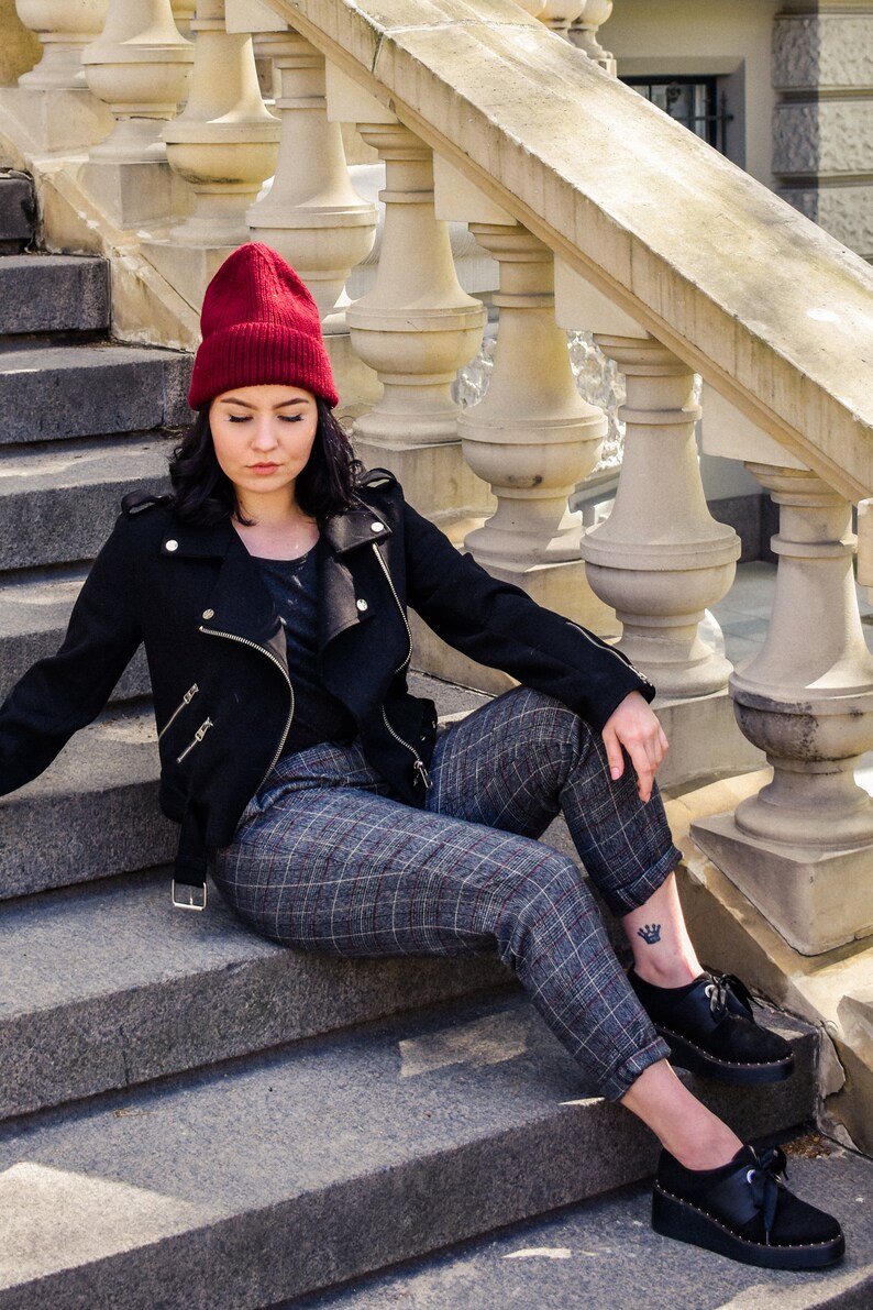 Red Cuffed Merino Beanie, Hand Knitted Beanie Women's, Classic Rib Knit Hat, Wool Hat Men's, Slouchy Fisherman's Beanie, Long Trawler Beanie