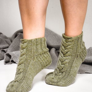 Slipper socks, Chunky cable socks, Hand knit bed socks, Low cut house socks, Women's wool socks, Knitted home slippers, Winter leg warmers image 4