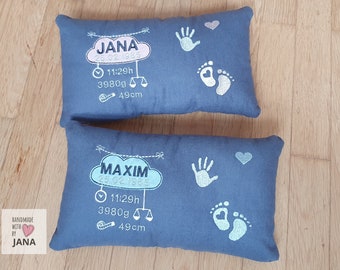 Personalisiertes Kissen, Kissen mit Namen, Babykissen personalisiert, Geschenk Geburt, blau, personalisiertes Geburtskissen, Geburtstag