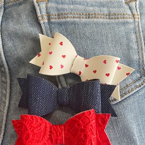 Red Lace Pin Up Heart Bow Set | Denim Bow Clip | bow hair clip | bow headband | valentines day bow set | hair clip set | gift for girls