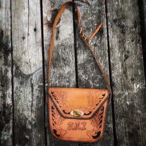 70s Vintage Tooled Leather Initials FML Mexican Hippie Hippy Backpack Purse Bag