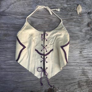 70s 80s Vintage Handmade Buff Cream Grain Leather Biker Hippie Boho Halter Crop Bra Top Small