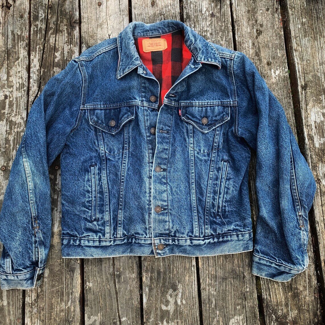 80s Vintage Red Flannel Lined Levis Denim Jean Long Sleeve Jacket 42 ...