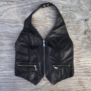 80s 90s Vintage  Black  Leather Biker Hippie Boho Halter Crop Bra Top Small