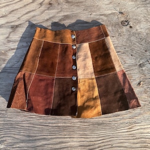 60s 70s Vintage Patchwork Suede Leather  Hippy Hippie Boho Mini Skirt Small