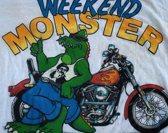 80s / 90s Weekend Monster Biker Gator Lizard Graphic Degenerate Tee Shirt 50/50 Large