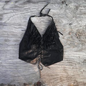 80s 90s Vintage Black Leather Biker Hippie Boho Halter Crop Top medium