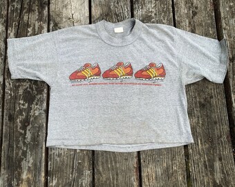 80s 90s Vintage Heather Grey Graphic Running Retro Sneaker Shirt Crop Tee Shirt Small