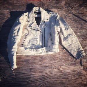 80s Vintage White Leather Biker Jacket Coat Medium