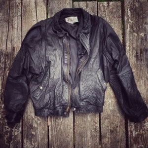 80s Vintage Black Leather Bomber Flight Biker Jacket Coat 44