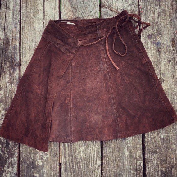 60s 70s Vintage Brown Suede Leather Wrap Mini Skir