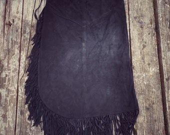 70s Vintage Black Suede Leather Fringe Maxi Hippie Hippy Western Boho Skirt