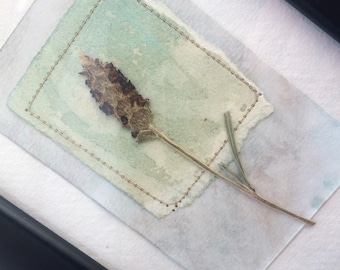 Mini Collage with dried flowers, hand dyed paper and stitch.