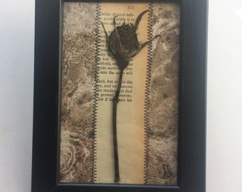 Mini Collage with dried flowers, hand dyed paper and stitch.