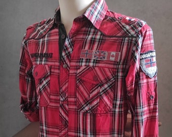 Men's Checkered shirt NANGAPARBAT/Red-Black Plaid Long-Roll sleeve shirt/Regular Fit Embroidery Logo Shirt/Appliques Himalaya Logo Shirt/M