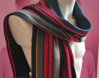 Men's Acrylic Striped Scarf/Reversible Navy Blue-Red-Grey Fringed Scarf/Casual Hippie style Scarf/Soft Boho colored scarf/Gift for Him.