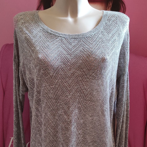 Damen Leinen Blend T-Shirt Herringbone Lace-Strick von LOFT, Ann Taylor/Casual Spring-Autumn Softly Grey Pullover Top/Größe XL.