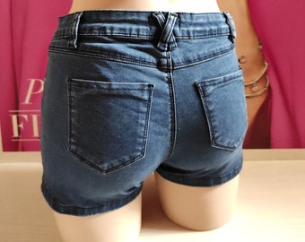 Short en denim bleu délavé TRUE LOVE/Short de plage coupé taille basse/Short d'été slim décontracté/Largeur de la taille-36 cm = 14"/taille S.