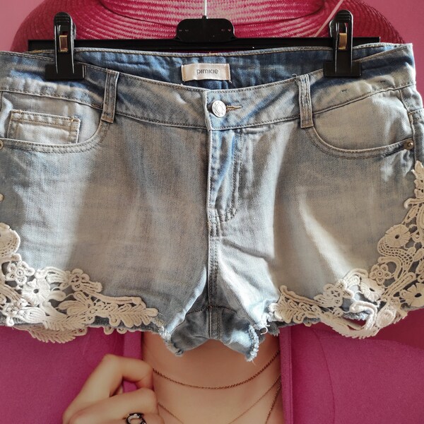 Sun-bleached Denim Shorts with Lace by PIMKIE/Mid Waist Beach Cut Off Shorts/Casual Summer Streetwear/Waist Width- 44cm=17".