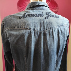 Men s Denim Blue Bleached Shirt by ARMANI Jeans casual Western Relax Fit Blouse fashion Big Logo Emroidery Back Shirt cowboy Button up Shirt Etsy