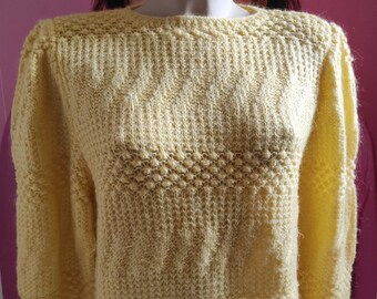 Women's Wool Handmade Knitted Jumper/Hippie Yellow-Egg Warm Sweater/Boho Winter Sweater/Rustic Geometric Pattern Jumper/MOD style Jumper/S-M