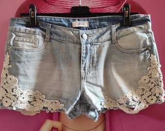 Sun-bleached Denim Shorts with Lace by PIMKIE/Mid Waist Beach Cut Off Shorts/Casual Summer Streetwear/Waist Width- 44cm=17".
