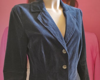 Women's Velvet Navy Blue Blazer by GEISHA Denim/Fashion Fitted Velour Blazer/Casual Button Up Blazer/Office Blue Pockets Cotton Blazer/sz XS