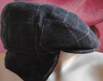 Men's Wool-Cashmere Check-Herringbone Tweed Earflap Flat Cap/Peaky Blinders Hat/Biker Hat/Irish flap Cap/Casual Black-Mustardy Newsboy Cap.