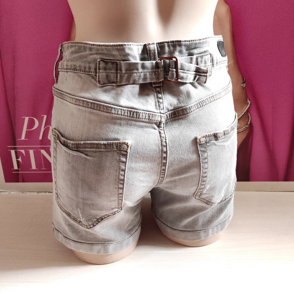 Bleached Grey Denim Distressed Shorts by RIFLE, Italy/High Waist Beach Shorts/Casual Summer Slim Fit Shorts/Waist Width-40cm=16"/size 26, S.