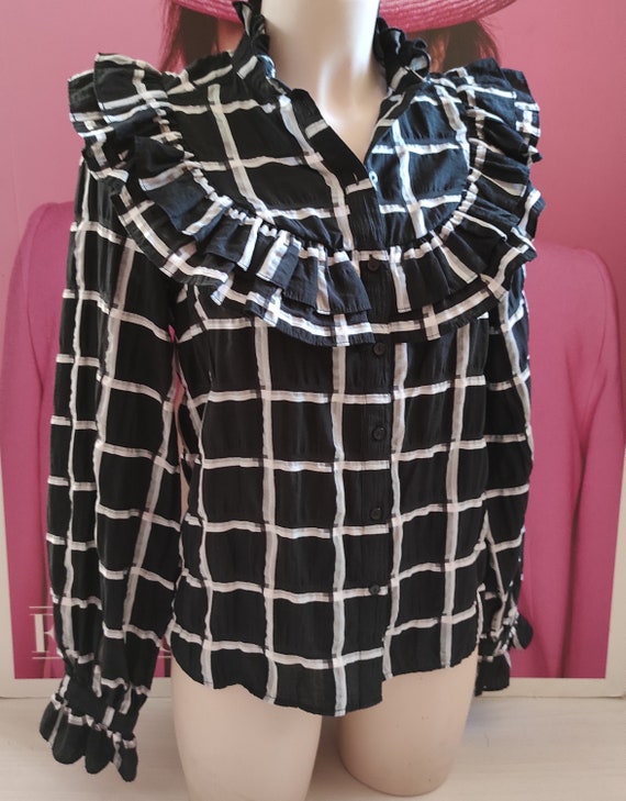 Women's Ruffle Checkered Blouse/Black-White Long s