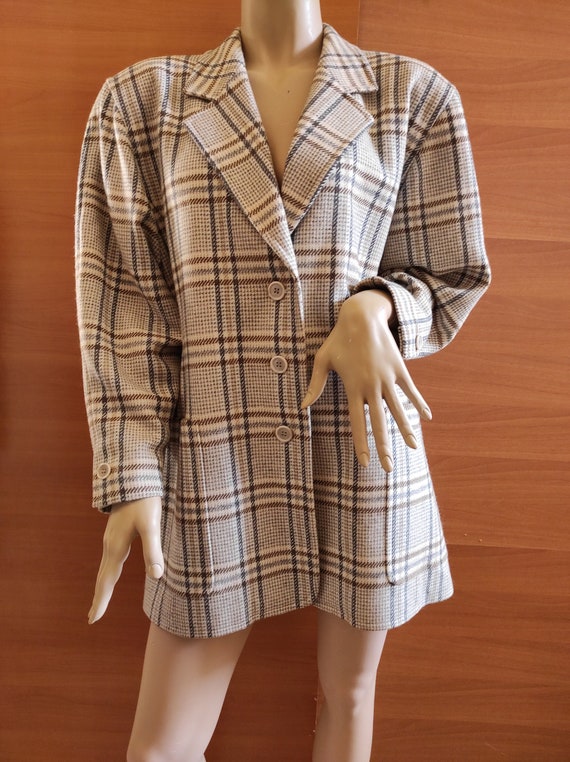 Vintage 80s Lana Wool Plaid Pattern Long Blazer/Ca