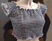 Women 39 s Peasant Check Crop Top Rustic Black-White Vichy Ellastic short Blouse Cotton bohemian romantic Smocked Bodice top Bardot Top sz L