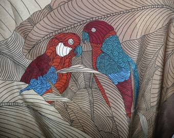 Vintage 80s silk jungle motif square scarf ASCOT/Hight fashion scarf flowers-parrots in brown/Casual brown-blue-red animal print Scarf