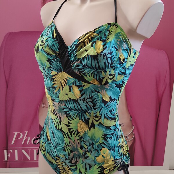 70s-80s Women's One Piece Tropical Print Swimsuit MARYAN, W.Germany/Palm Trees Print Bathing Suit/Summer Beach Plants & trees Print swimwear