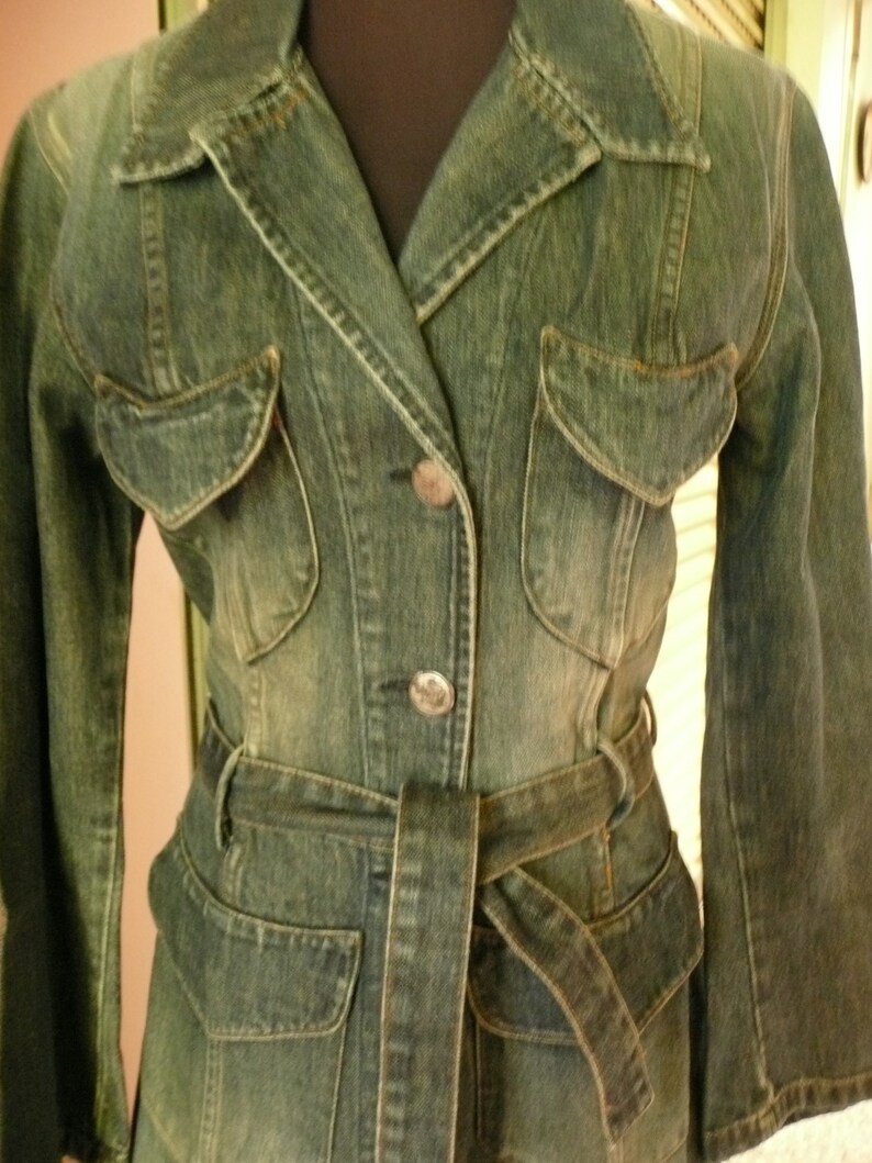 Best Vintage 90s GUESS Jeans fitted coat Stone Acid Wash Blue Guess Denim coatfashion 90s Long Jean coatbuttons belt Maxi Jean coatXS-S