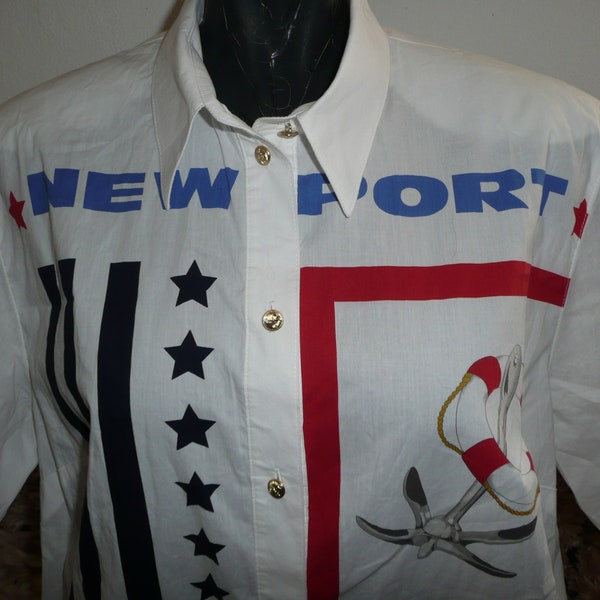 Vintage 70s women Summer Shirt/New Port PETER HAHN Exlusiv Blusen/designer white blouse Nautical Print/casual brand cotton shirt/sz us-18/44