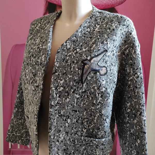 Women's tweed Bomber Blazer SCAPA SPORTS/English style jacket/Spotted tweed, open up  Fashion Crop Jacket/Bird embroidery on the chest/M.