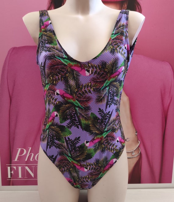 80s Women One Piece Tropical Print Swimsuit/high … - image 2