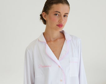 Braut Pyjamas, Braut Pyjamas, personalisierter weißer Pyjama, Brautjungfer Pyjama Set, Braut Pyjamas Satin Seide Pyjamas PJs Brautparty Seidenpyjama