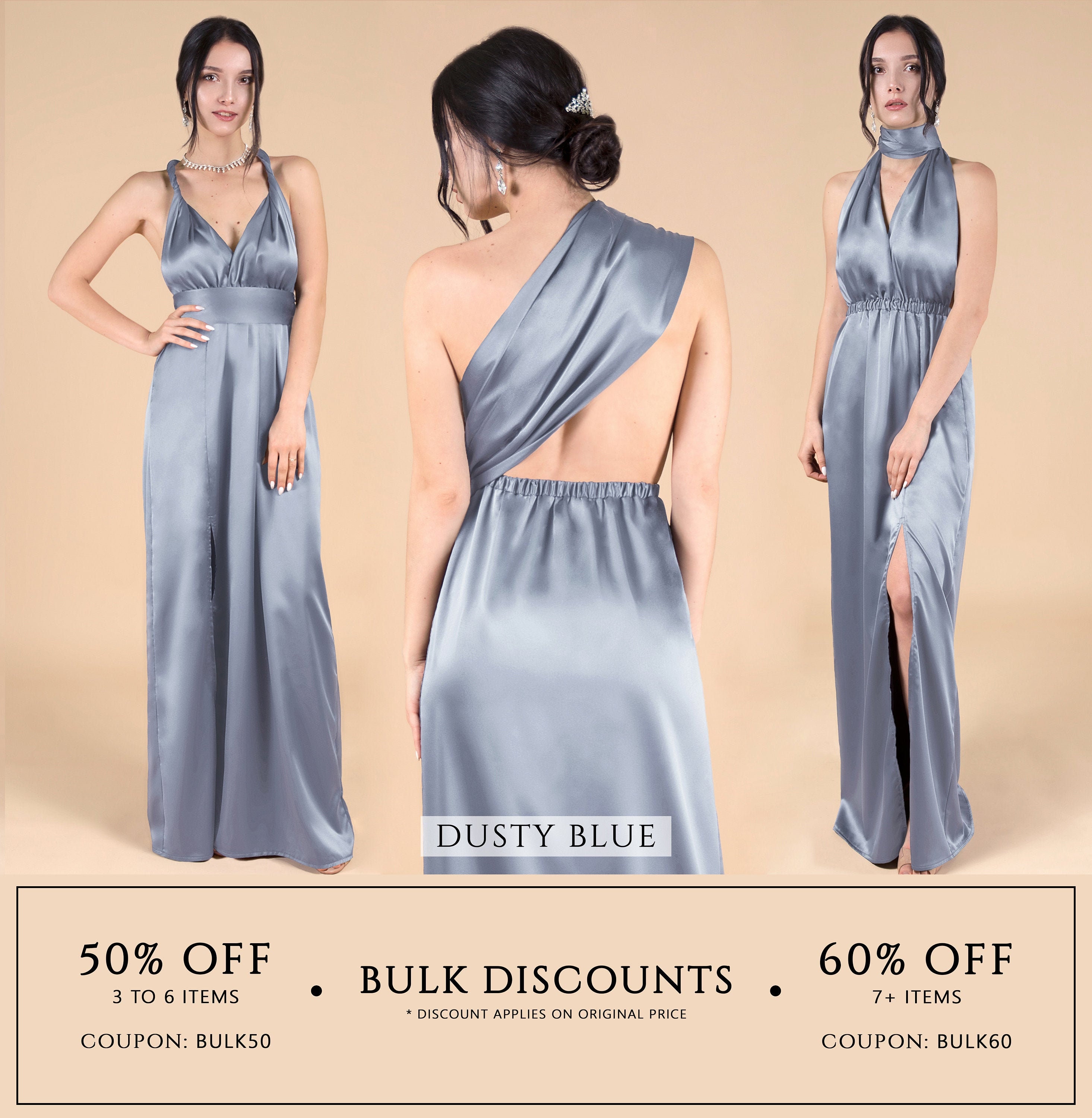 Long Satin Bridesmaid Dress Silk Dusty Blue Wedding Infinity Etsy