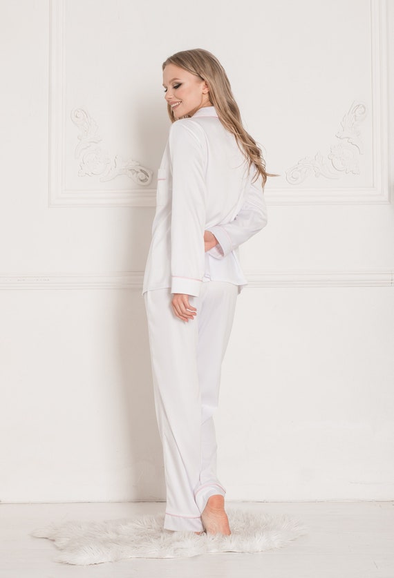 White Silk Bridal Pajama Set Long Satin Sexy Pyjamas Bridesmaid Womens Pjs Luxury Wedding Gift for Her Ladies Plus Size Sleepwear Etsy
