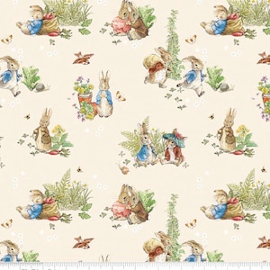May include: A repeating pattern featuring illustrations of rabbits in various scenes. The rabbits are depicted in a whimsical style, wearing clothing and interacting with nature, including flowers, butterflies, and vegetables. The background is a light beige color.