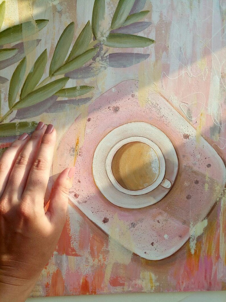 Abstract beige wall art 17x13/'/'by Anna Ponomarenko Abstract coffee art Pink coffee cup painting on panel Coffee pastel color painting